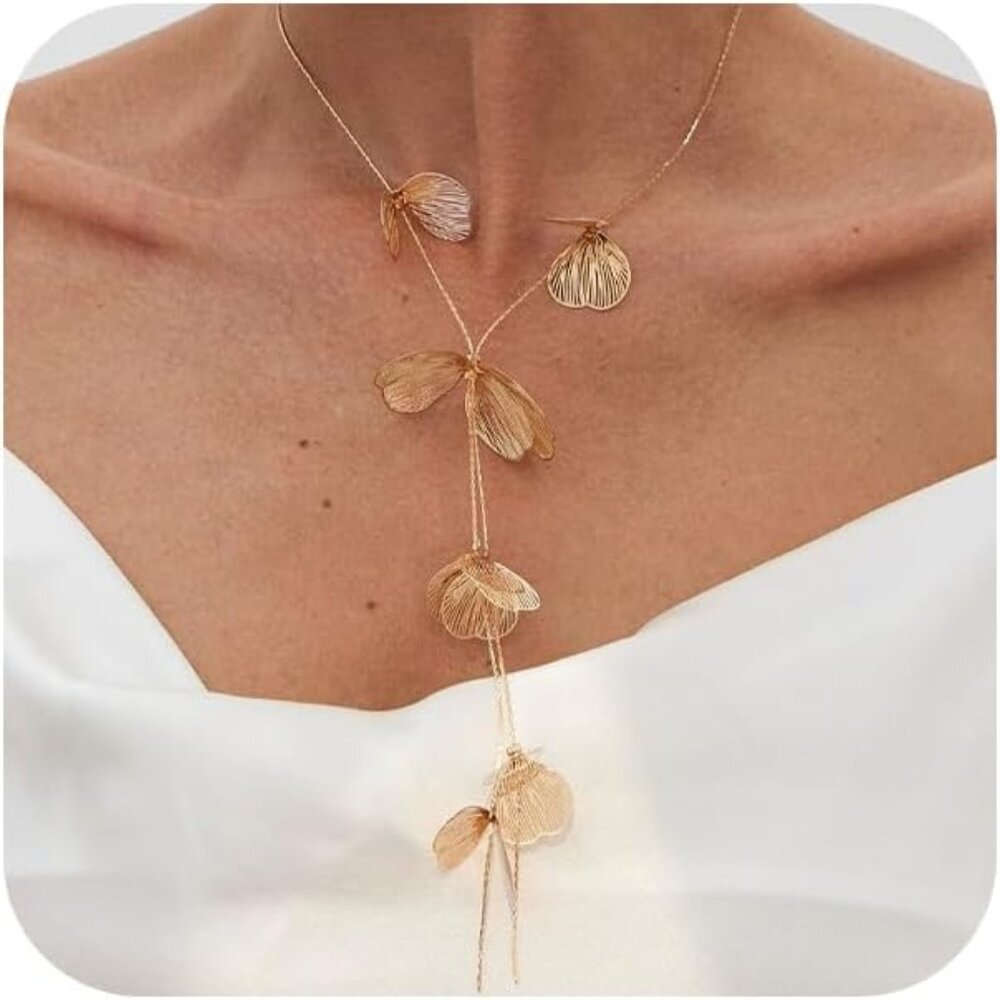 Women's Gold Ginkgo Leaves Choker Statement Long Tassel Beachy Party Necklace
